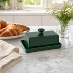 Groene keramische botervloot op een marmeren ontbijttafel met croissants