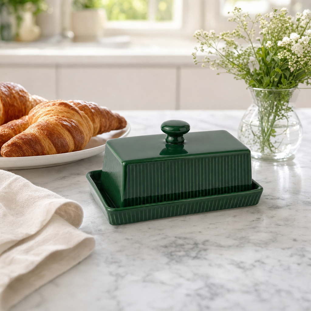 Groene keramische botervloot op een marmeren ontbijttafel met croissants