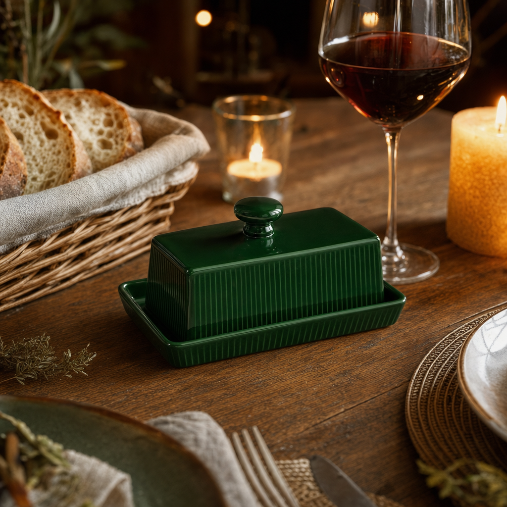 Groene keramische botervloot op een gedekte houten eettafel