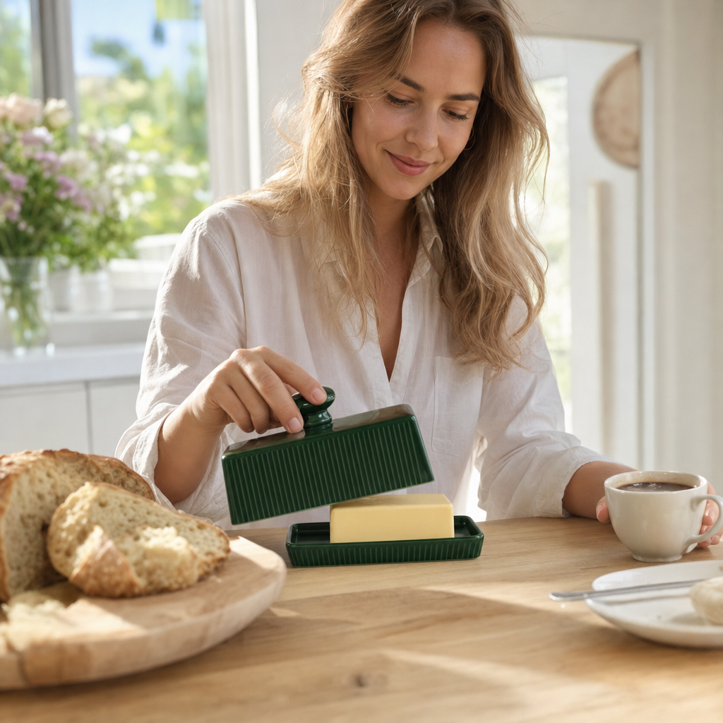Vrouw tilt het deksel van de groene keramische botervloot aan de ontbijttafel
