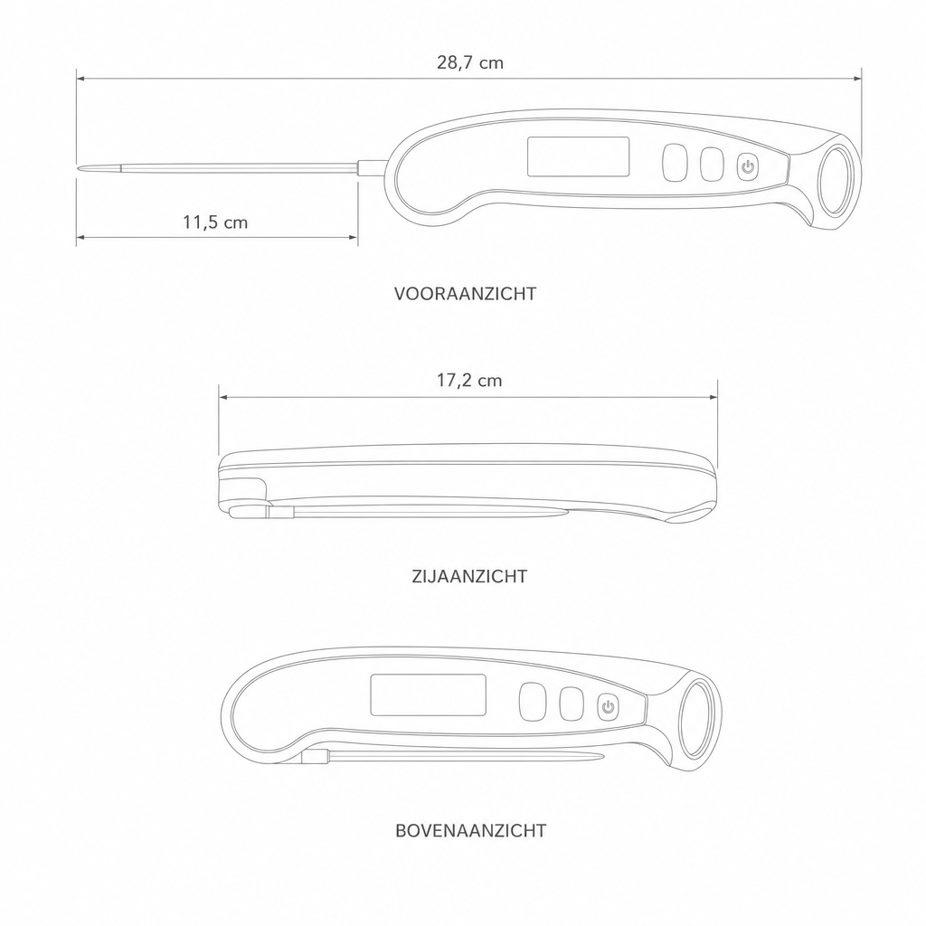 Technische tekening digitale vleesthermometer met maten