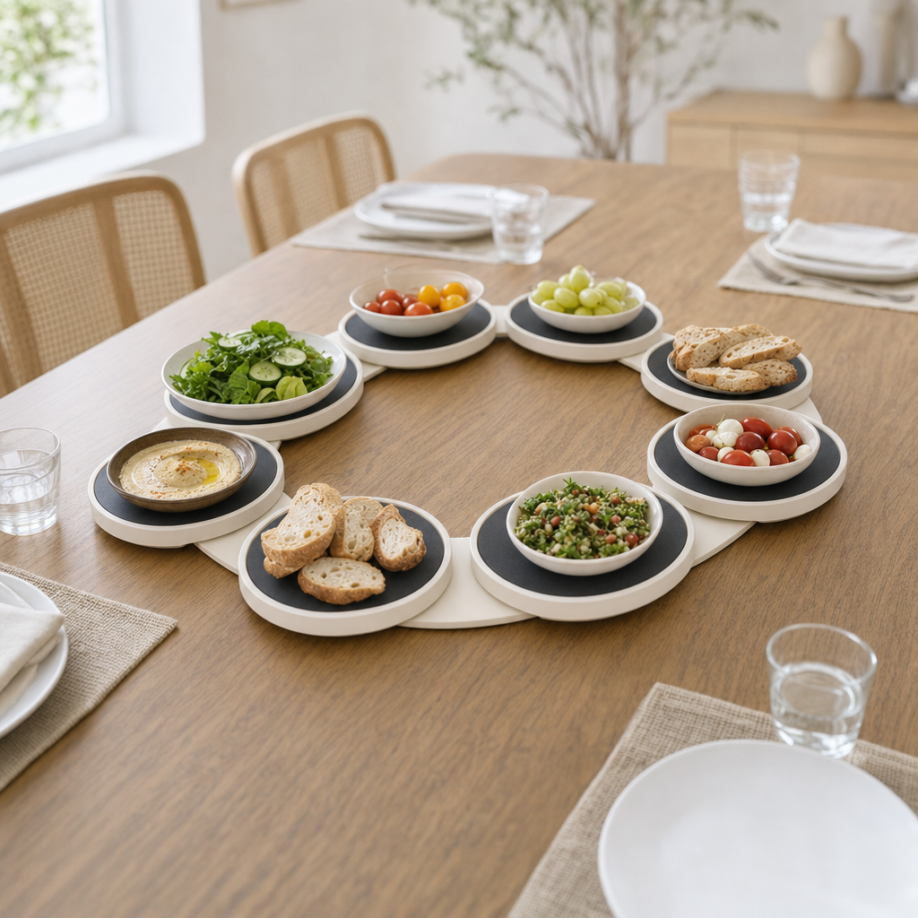 Serveerbaan met schalen eten midden op een gedekte eettafel