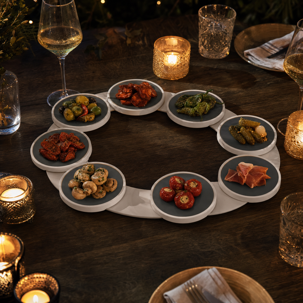 Serveerbaan met tapas op een donkere eettafel bij kaarslicht