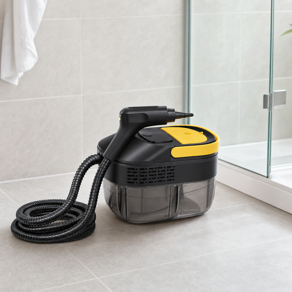 Stoomreiniger op de badkamervloer naast de douche