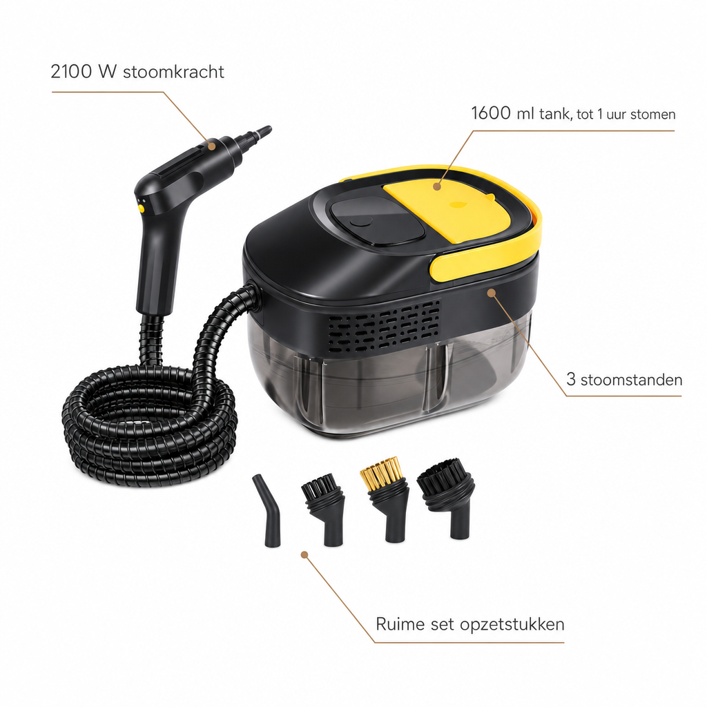 Kenmerken stoomreiniger: 2100 W stoomkracht, 1600 ml tank tot 1 uur stomen, 3 stoomstanden, ruime set opzetstukken