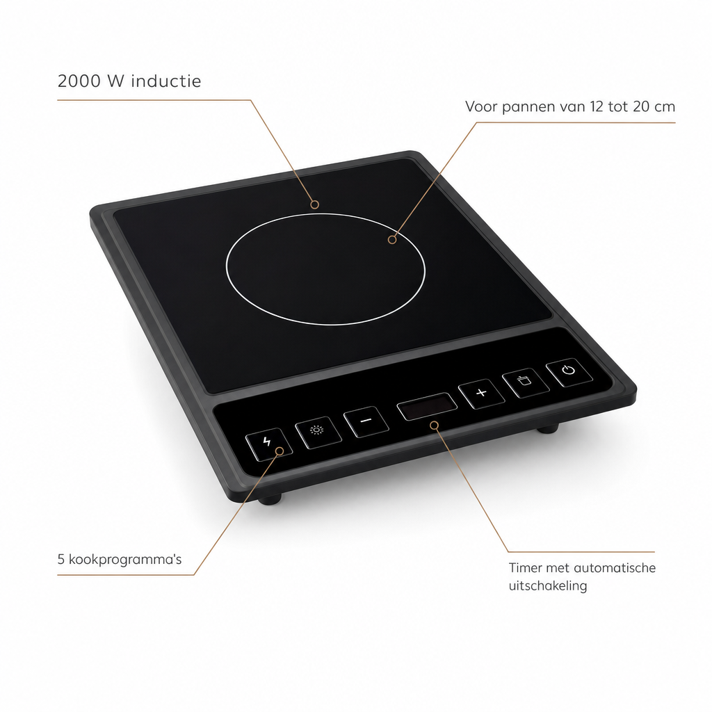 Kenmerken inductiekookplaat: 2000 W inductie, 5 kookprogramma's, timer met automatische uitschakeling, voor pannen van 12 tot 20 cm