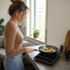 Vrouw bakt groenten in een pan op de inductiekookplaat in een kleine keuken