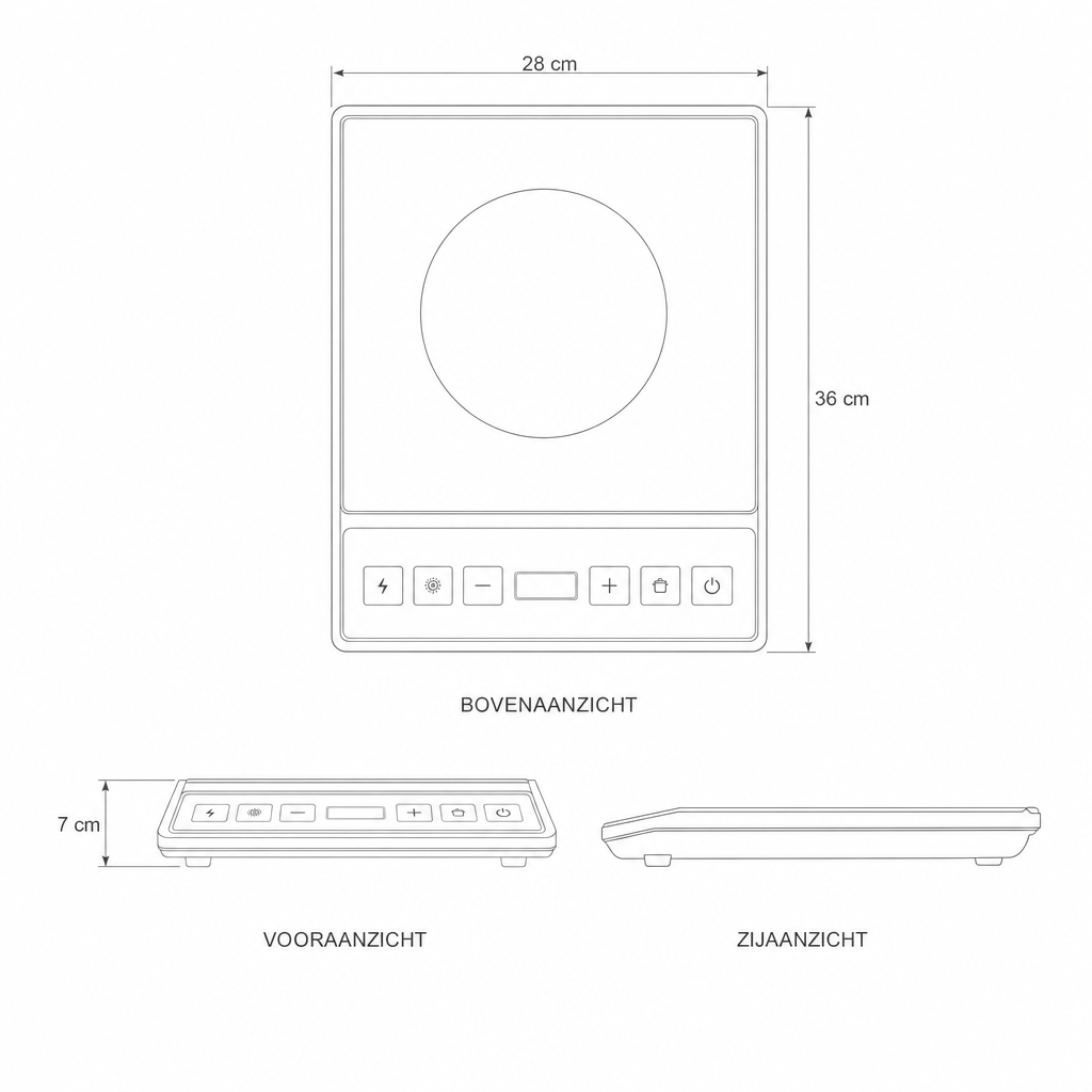 Technische tekening inductiekookplaat met maten