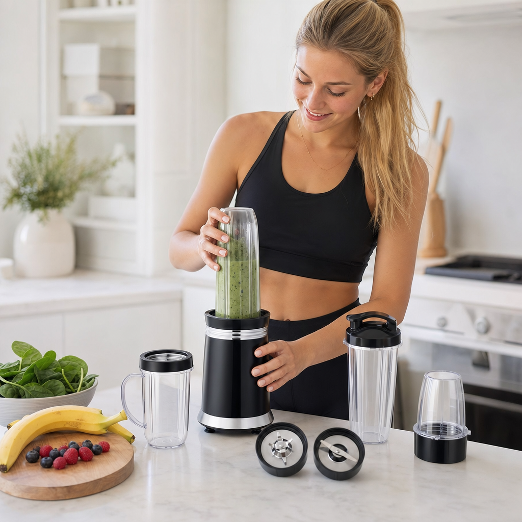 Vrouw maakt een smoothie met de nutri blender in de keuken