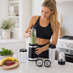 Vrouw maakt een smoothie met de nutri blender in de keuken