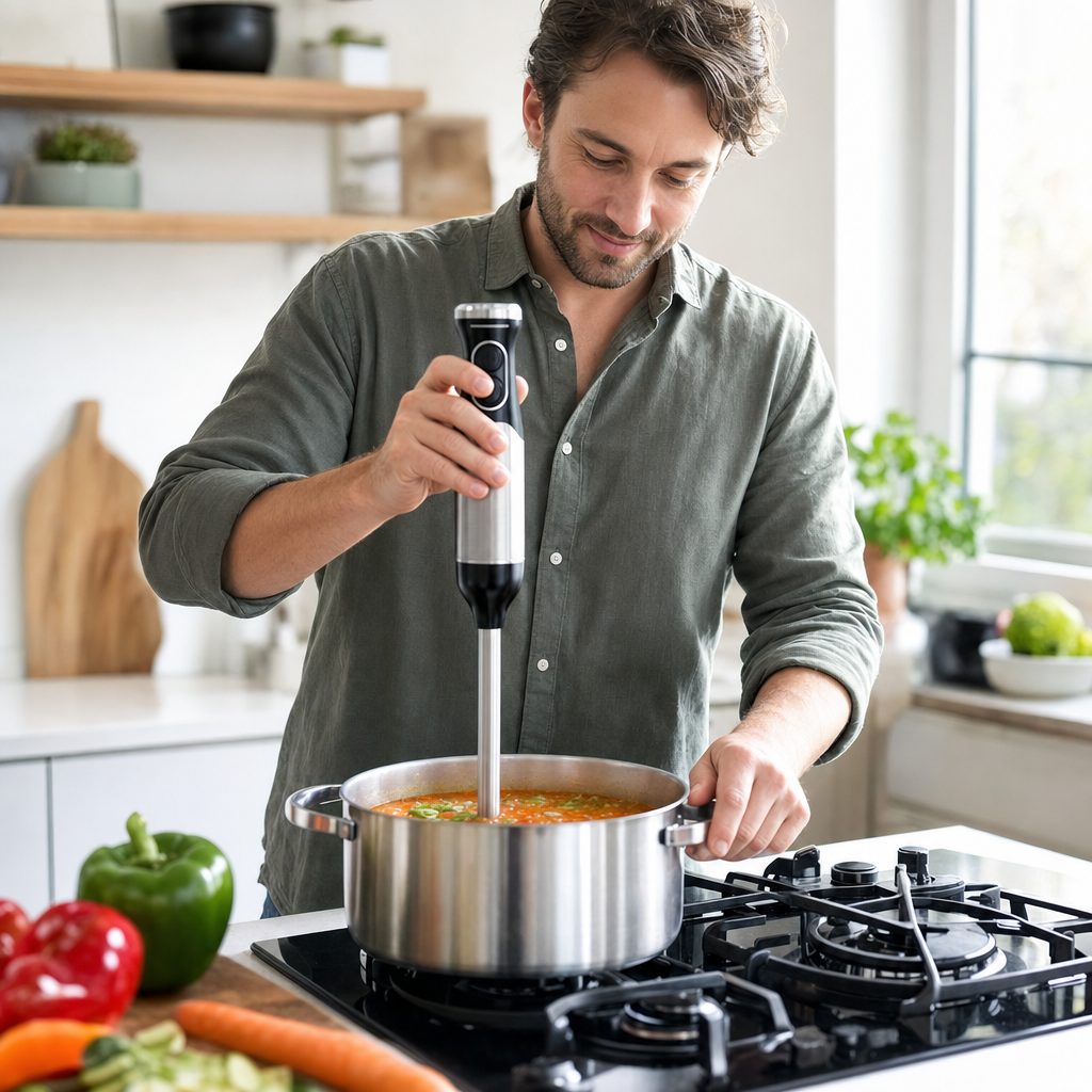 Man pureert soep in de pan met de staafmixer