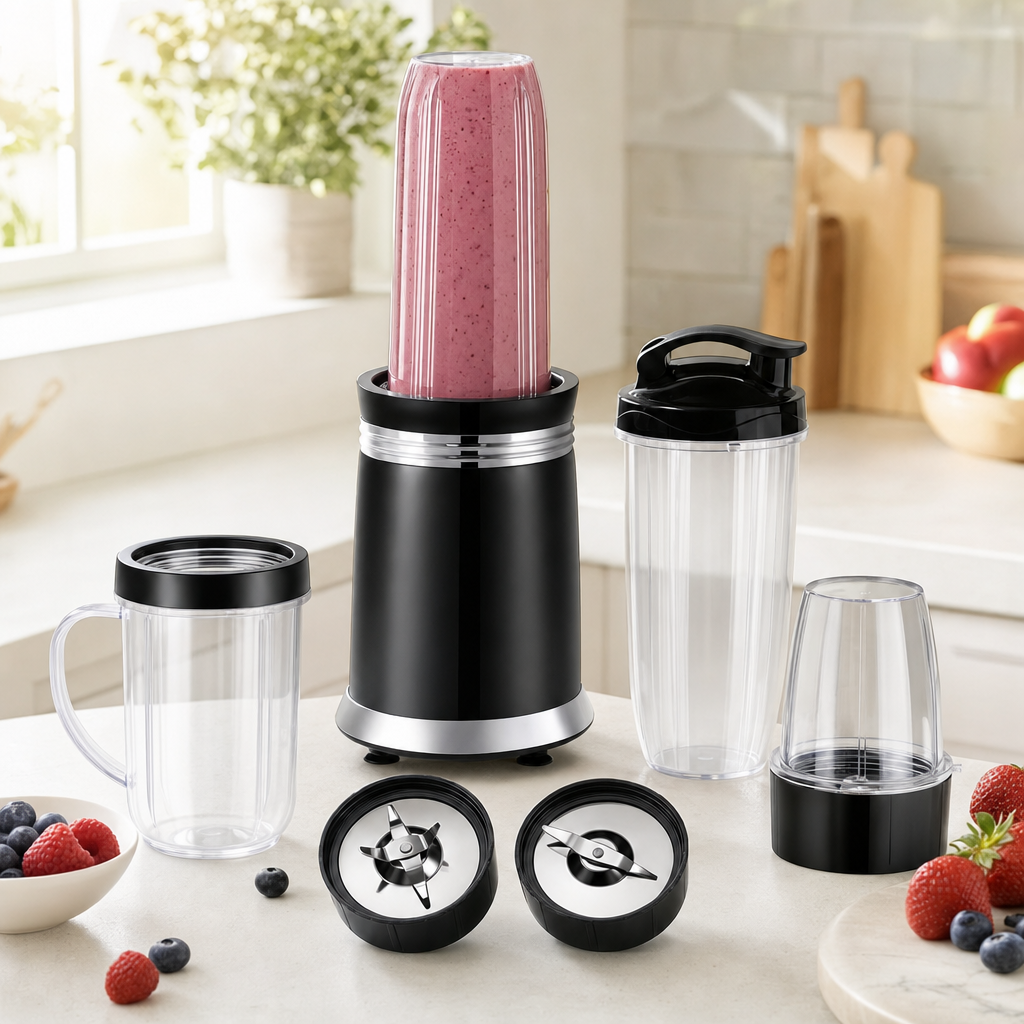 Nutri blender set met sportbeker en maalbeker op het aanrecht