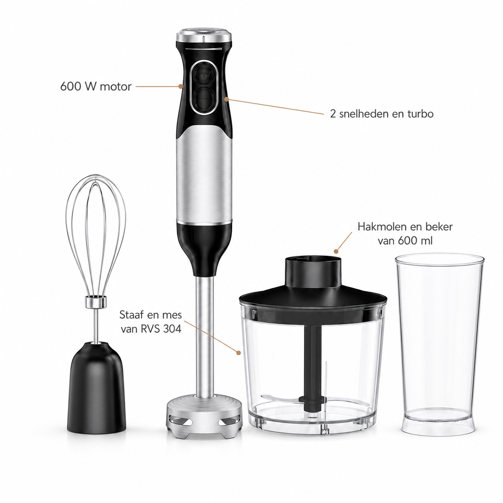 Kenmerken staafmixer: 600 W motor, 2 snelheden en turbo, staaf en mes van RVS 304, hakmolen en beker van 600 ml