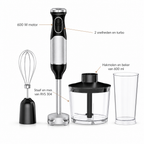 Kenmerken staafmixer: 600 W motor, 2 snelheden en turbo, staaf en mes van RVS 304, hakmolen en beker van 600 ml