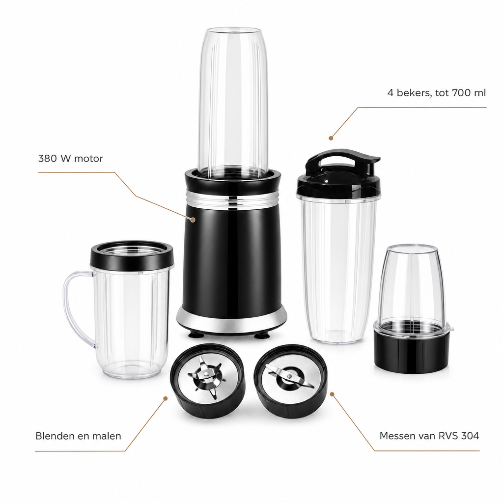 Kenmerken nutri blender: 380 W motor, 4 bekers tot 700 ml, blenden en malen, messen van RVS 304