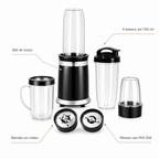 Kenmerken nutri blender: 380 W motor, 4 bekers tot 700 ml, blenden en malen, messen van RVS 304