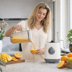 Vrouw schenkt een smoothie uit de blender met glazen kan