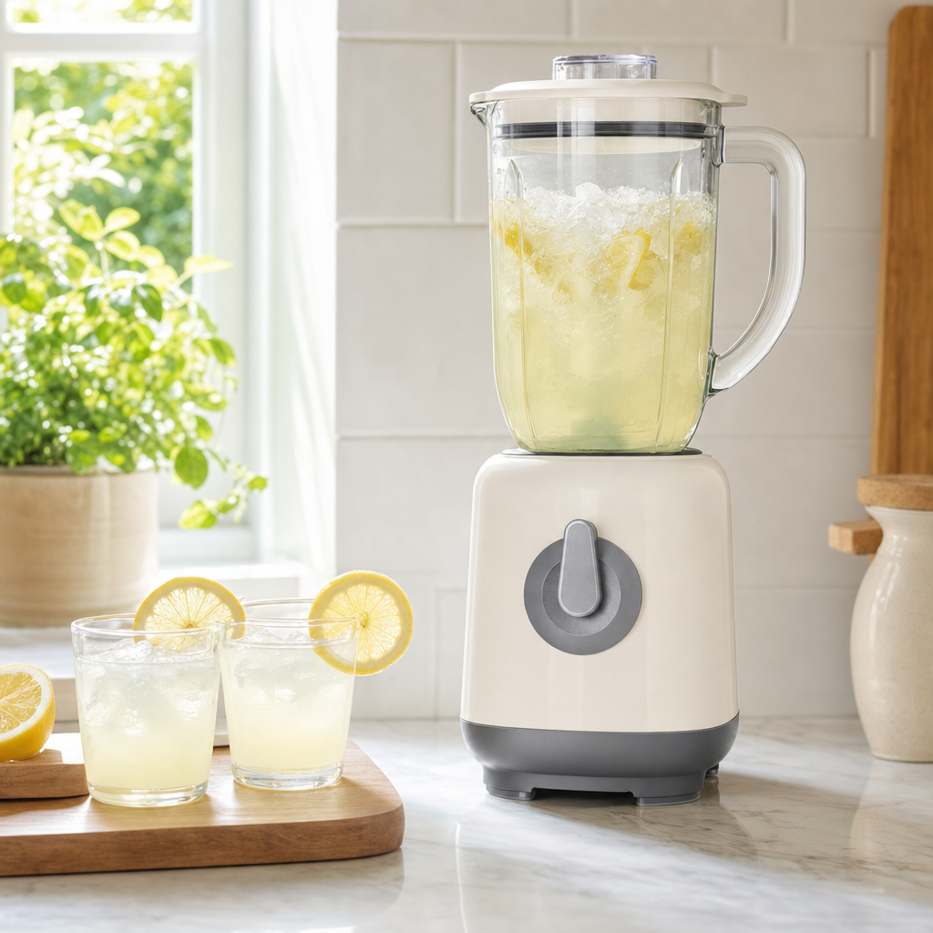 Blender met glazen kan in een lichte keuken