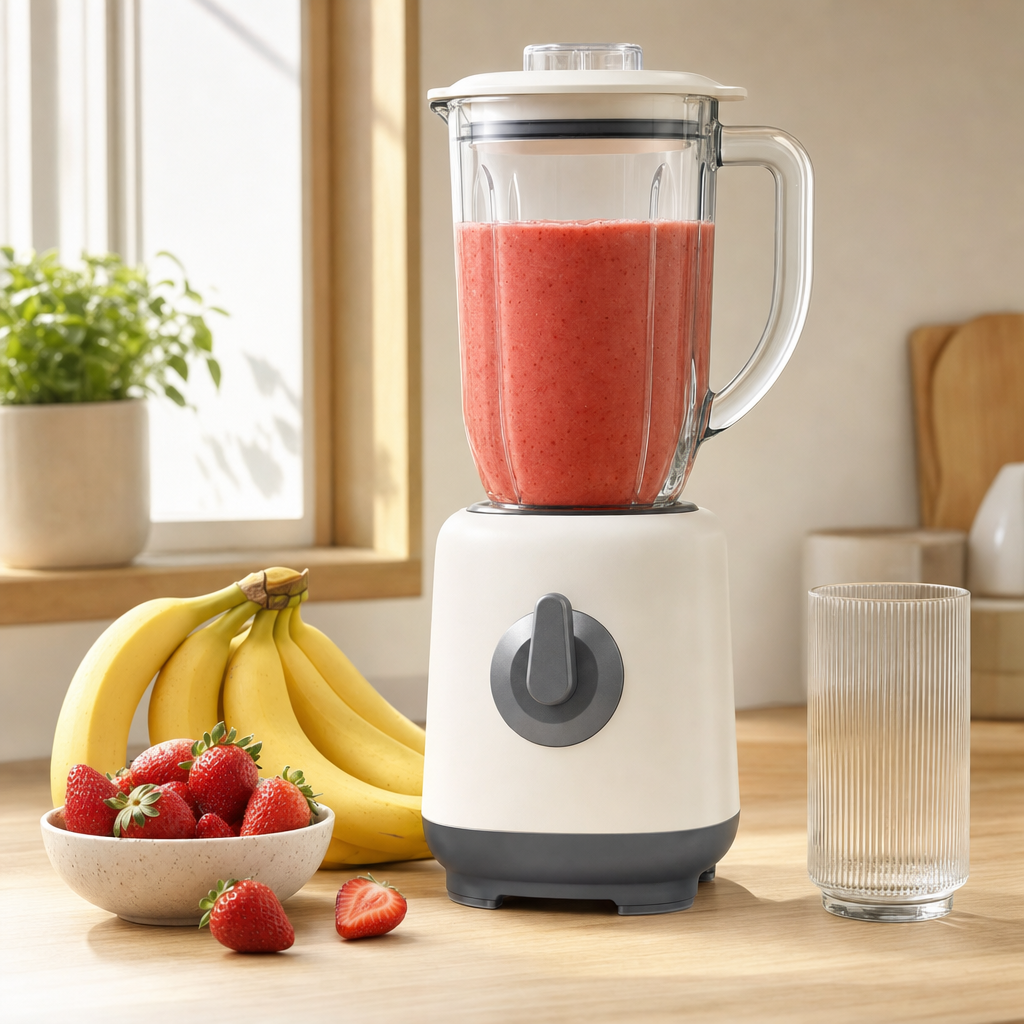 Blender met glazen kan op het aanrecht met vers fruit