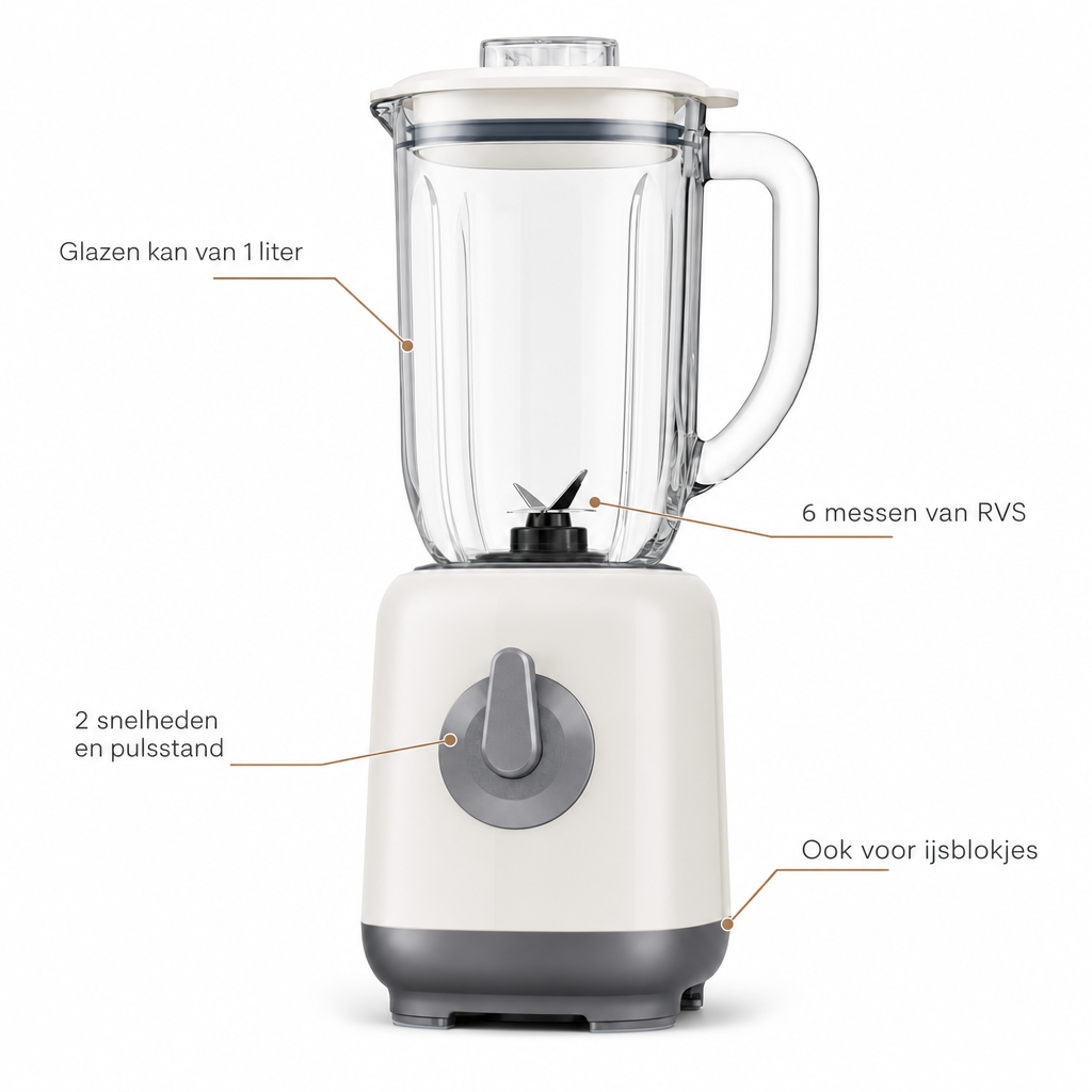Kenmerken blender: glazen kan van 1 liter, 6 messen van RVS, 2 snelheden en pulsstand, ook voor ijsblokjes