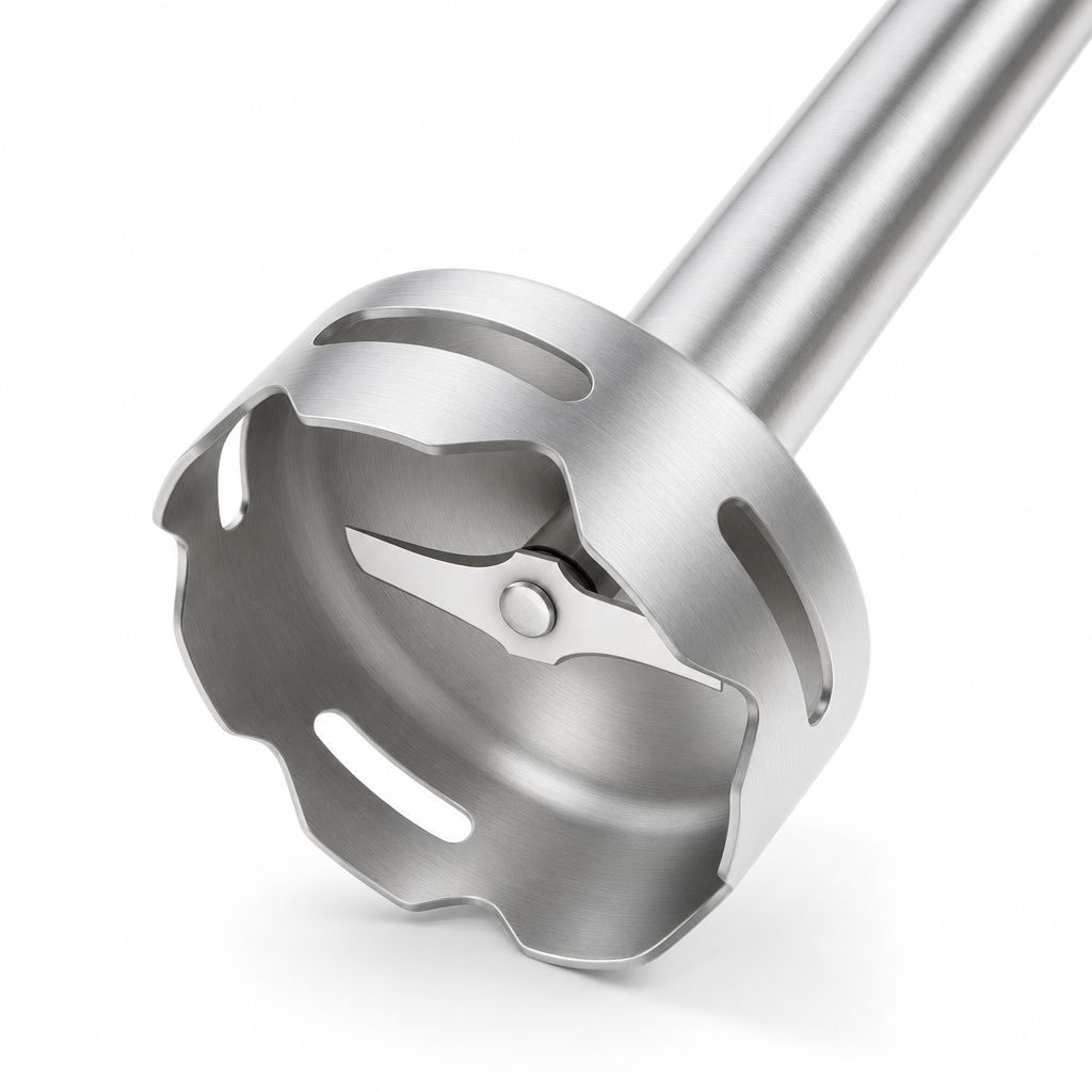 Close-up van de RVS mixvoet van de staafmixer
