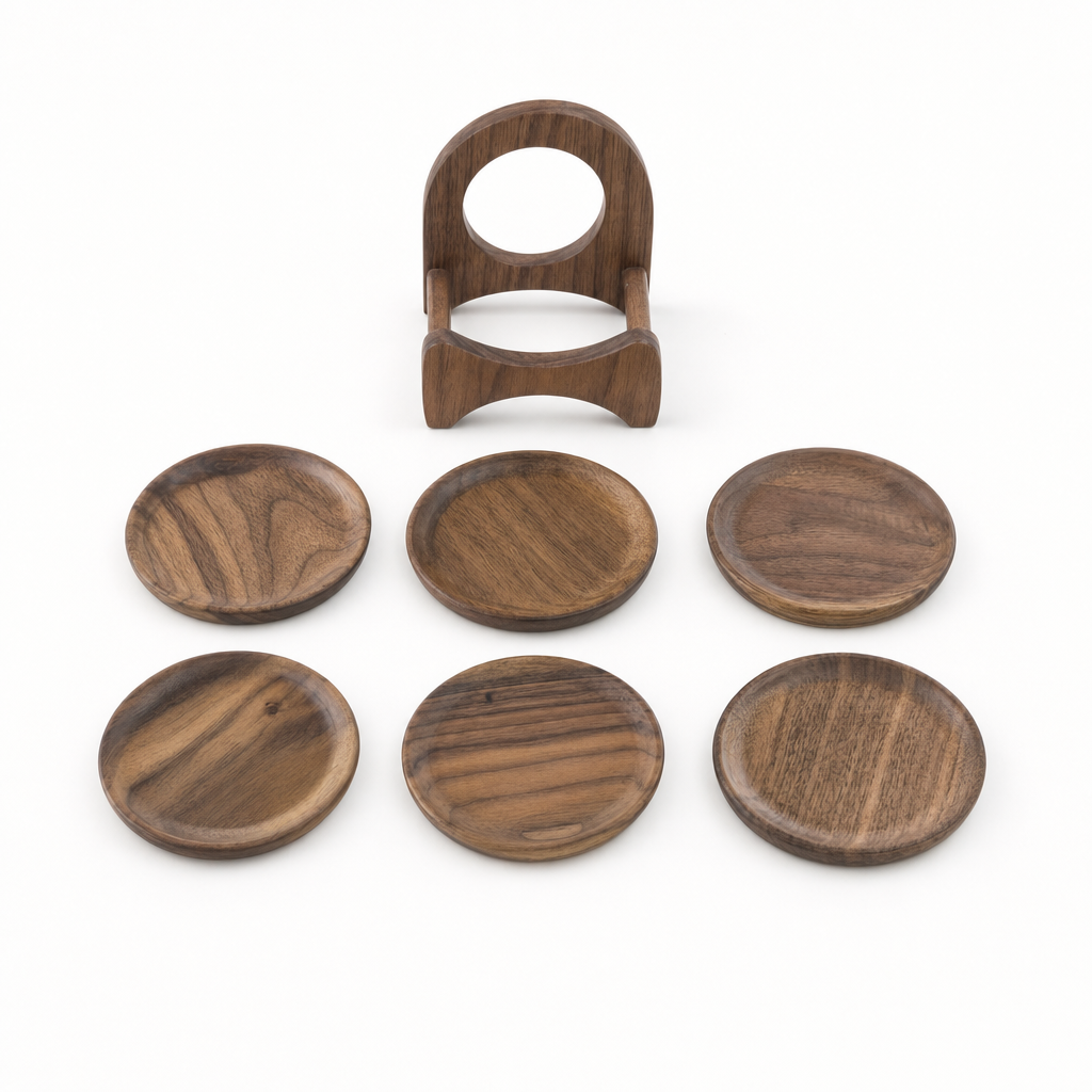 Set van 6 ronde walnoten onderzetters met houten houder