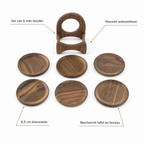 Kenmerken walnoten onderzetters: set van 6 met houder, massief walnoothout, 8,5 cm doorsnede, beschermt tafel en bureau