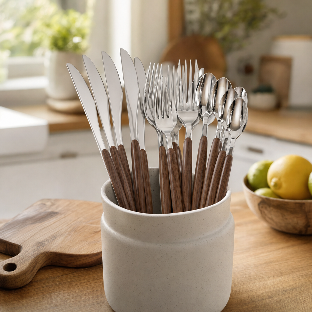 Bestek met houtlook handvat in een stenen pot op het aanrecht