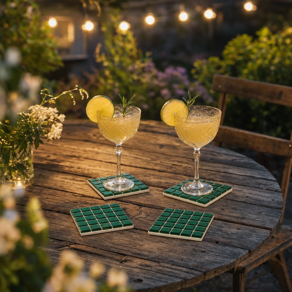 Cocktailglazen op groene mozaïek onderzetters op een tuintafel in de avond