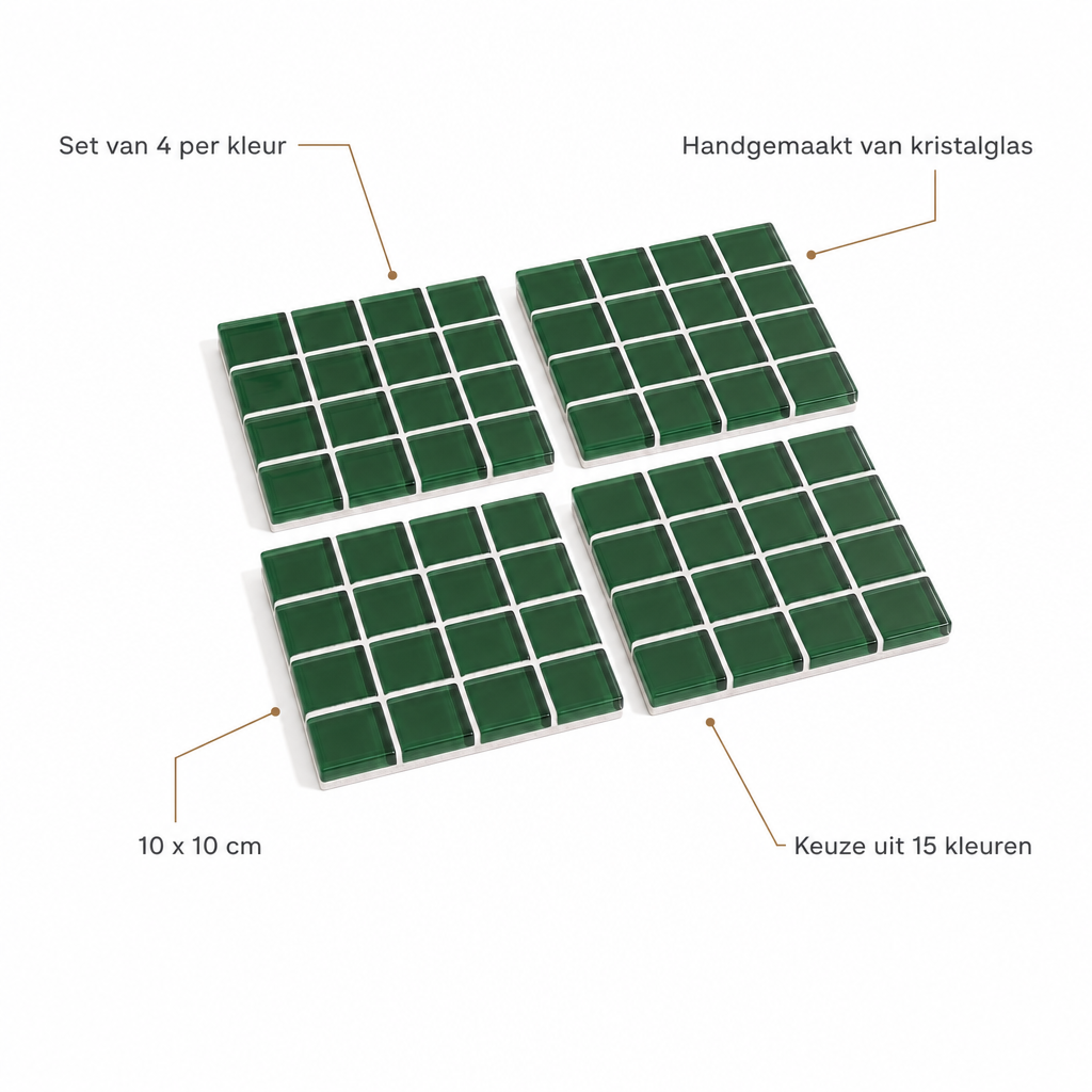 Kenmerken mozaïek onderzetters: set van 4 per kleur, handgemaakt van kristalglas, 10 x 10 cm, keuze uit 15 kleuren