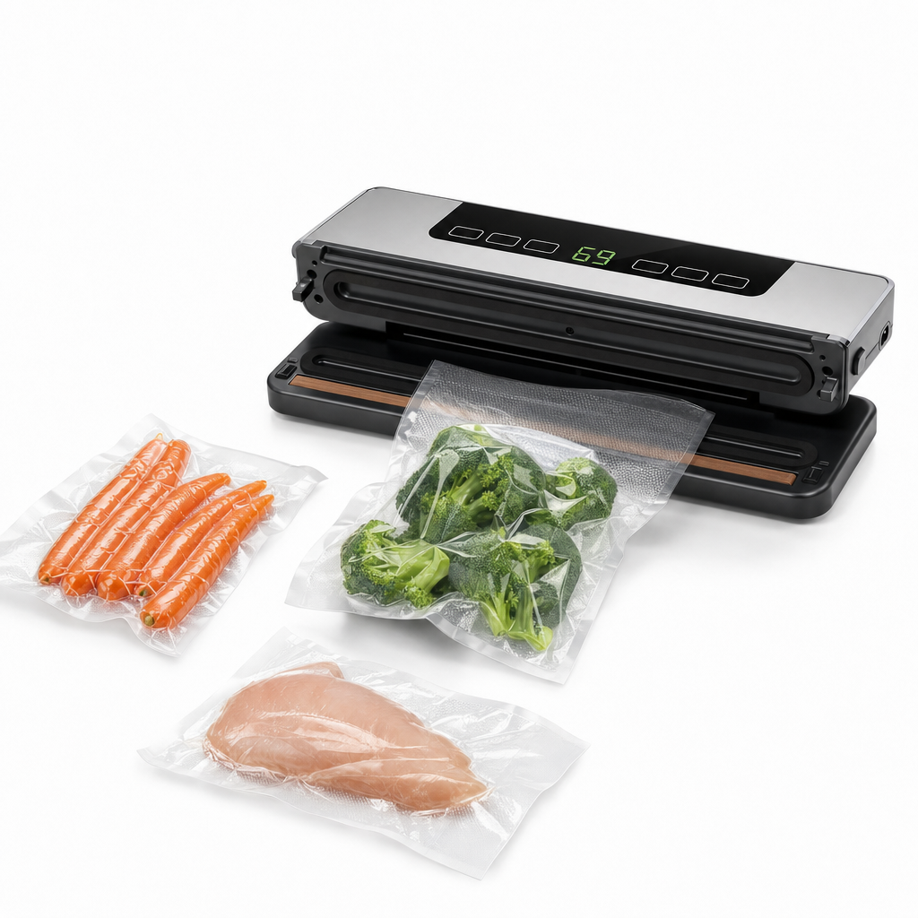Vacumeermachine met open deksel en een zak broccoli klaar om te sealen